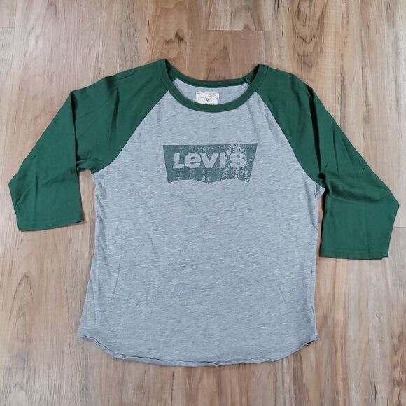 🔹️Levi's Gray & Green Distressed 3/4 Sleeve Baseball Top Large - Picture 1 of 10